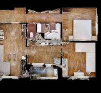 Floor plan of a 3-room apartment with individual rooms and a wooden decor floor shown.