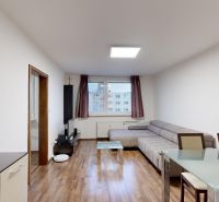 Living room in a 3-room apartment with a corner sofa and a wooden decor floor.