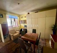 Living room in a family house with a wardrobe and a sofa, floor with wooden decor.