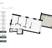 The floor plan of a 3-room apartment with a terrace includes a kitchen, living room, bedroom, and bathroom.
