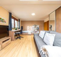 A space in a family house with a wooden decor floor, a couch, a work desk, and a bed.