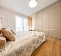 Bedroom in a 3-room apartment with a bed, built-in wardrobe, and wooden decor flooring.