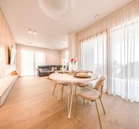 Living room in a 3-room apartment with a wood-patterned floor, dining table, and sofa.