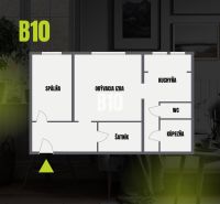 Floor plan of a 2-room apartment with a living room, bedroom, kitchen, bathroom, and closet.