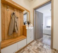 Entrance hallway with a coat rack and a view into the bedroom in a 2-room apartment.