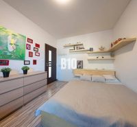 Bedroom in a family house with a bed, shelves, paintings, and a wooden decor floor.