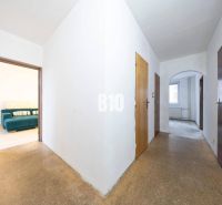 A hallway in a 4-room apartment with a view of a room with a couch, floor with a wood decor.