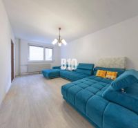 Living room in a 4-room apartment with a turquoise sofa and a wooden decor floor.