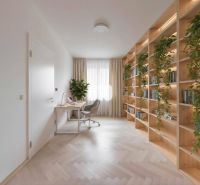 Reading room in a 4-room apartment with shelves, plants, and a desk.