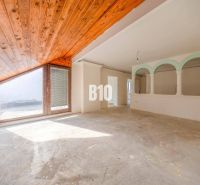 Spacious interior of a family house with a large window and a wooden ceiling.