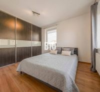 Bedroom in a 2-room apartment with a wood-patterned floor and a large built-in wardrobe.