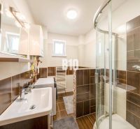 A bathroom in a 2-room apartment with dark tiles and a shower corner.