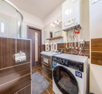 Bathroom with a washing machine and a shower in a 2-room apartment with a wooden decor floor.
