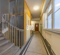 Staircase with an elevator and windows in the building entrance.
