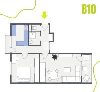 Floor plan of a 2-room apartment with a kitchen, bathroom, and living room.