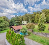 A garden with a shelter in Marianka by a family house, surrounded by trees and a lawn.