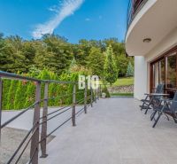 The terrace of a family house in Marianka with a view of the forest and comfortable seating.