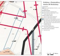 Map of the land-use plan Bratislava III showing the functional use of plots and railway tracks.
