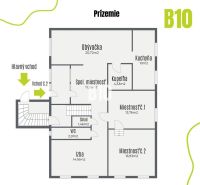 Ground floor layout of a family house in Štvrtok na Ostrove with rooms and storage.