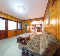Living room of a family house with wooden paneling and a comfortable couch.