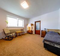 The interior of a family house with simple furniture, an armchair and a sofa, carpeted floor.