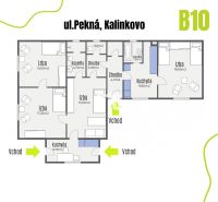 The floor plan of the family house in Kalinkovo includes rooms, bathrooms, and kitchens with two entrances.