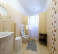 Bathroom in a family house with tiles and a toilet.