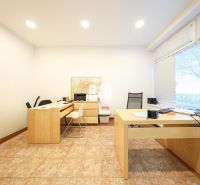 Office with wooden furniture and a large window, commercial premises.