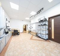 Commercial premises with office furniture, shelves, and flooring with a wood decor.