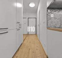 A hallway in a one-room apartment with a wooden decor floor and white cabinets.