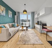 Living room with a sofa, blue wall, table, and wood-patterned floor.