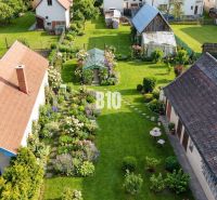 Garden arrangement between family houses in Turany with a manicured lawn and a greenhouse.