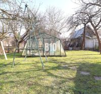 The garden of a family house in Turany with a swing and a greenhouse, surrounded by trees.