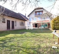 Garden view of a family house in Turany with a garden and a gazebo on the lawn.