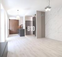 Interior of a 2-room apartment with a wooden decor floor and marble cladding.