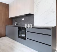 A kitchen in a 2-room apartment with a wooden decor floor and modern cabinets.