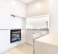 A kitchen in a studio apartment with wooden floor decor and modern appliances.