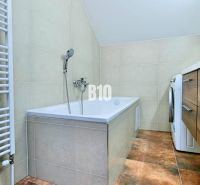 A bathroom with a shower, cabinets, and a wooden decor floor in a 3-room apartment.