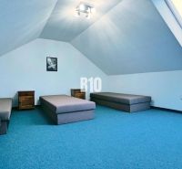 Attic room in a 3-room apartment, seating and skylight, blue carpet.