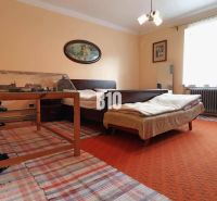 A room in a family house with a bed, a table, a model railway, and carpets.