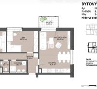 Floor plan of a 3-room apartment with a balcony, an area of 72.64 m², and a wooden decor floor.