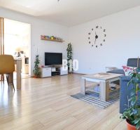 Living room in a family house with wooden decor flooring, dining table, and sofa.