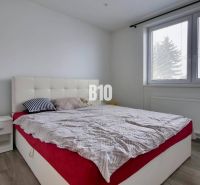 A bedroom in a 3-room apartment with a double bed and a floor with a wood decor.