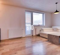 Living room in a 3-room apartment with a wooden decor floor and a white sofa.