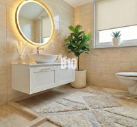 A bathroom in a family house with an oval mirror, a sink, and plants.