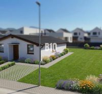 A family house in Diaková with a large garden, parking, and flower beds.