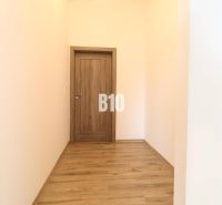 A hallway with doors and a floor with a wooden decor in a family house.