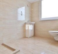 A bathroom with a sink and toilet in a family house with tiled walls.
