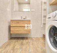 A bathroom in a 3-room apartment with a washing machine and a wooden decor floor.