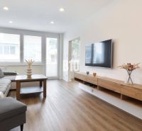 Living room in a three-room apartment with a wooden decor floor and a sofa.